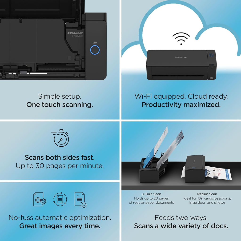 ScanSnap iX1300 Deluxe Compact Wireless or USB Double-Sided Color Document, Photo & Receipt Scanner with Auto Document Feeder and Manual Feeder for Mac or PC