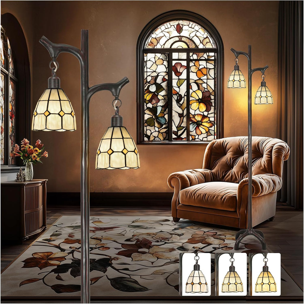 68' Tiffany Style Stained Glass Floor Lamp for Living Room,Modern Industrial Vintage Standing Floor Lamp for Bedroom,Stepless Dimmable Rustic Tree Trunk Tall Lamp for Study Room (Bulb Included)