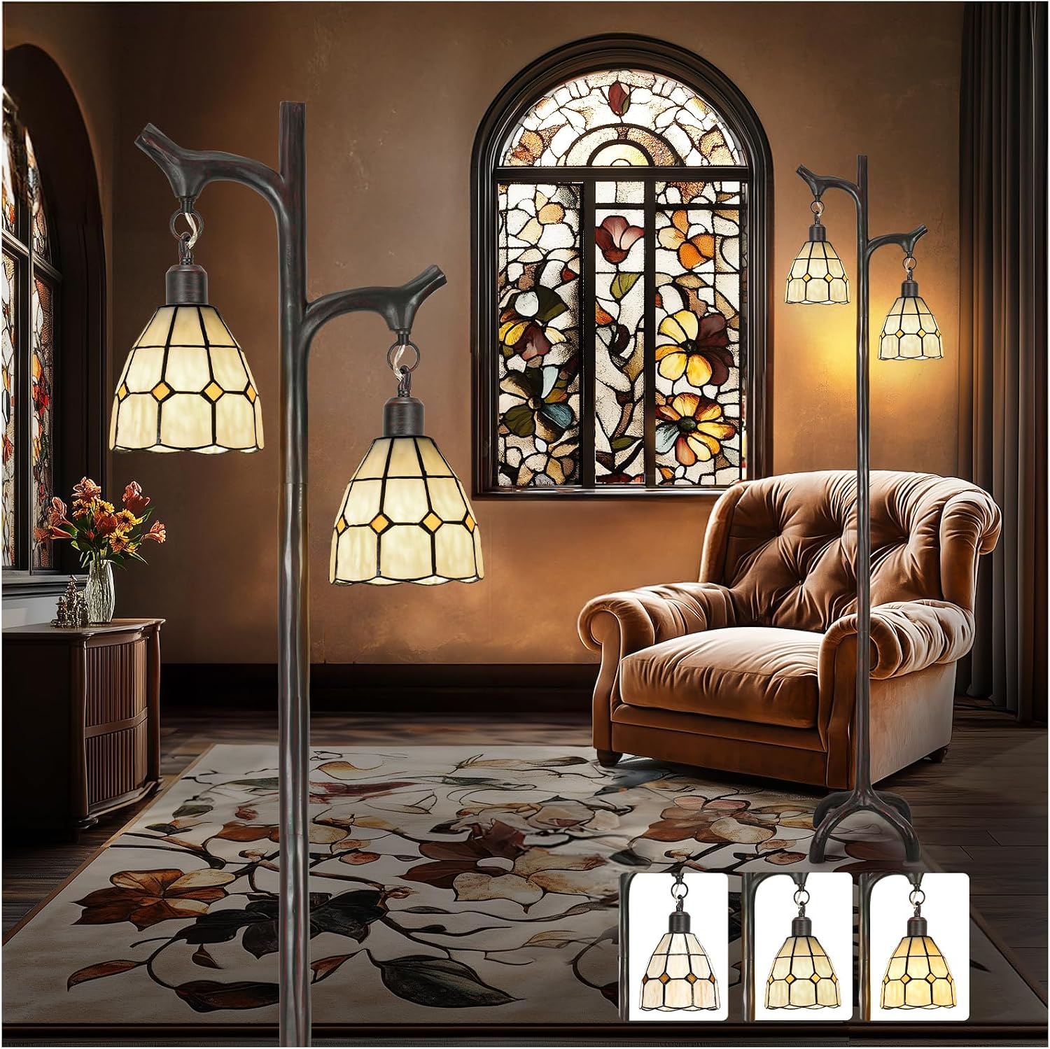 68' Tiffany Style Stained Glass Floor Lamp for Living Room,Modern Industrial Vintage Standing Floor Lamp for Bedroom,Stepless Dimmable Rustic Tree Trunk Tall Lamp for Study Room (Bulb Included)