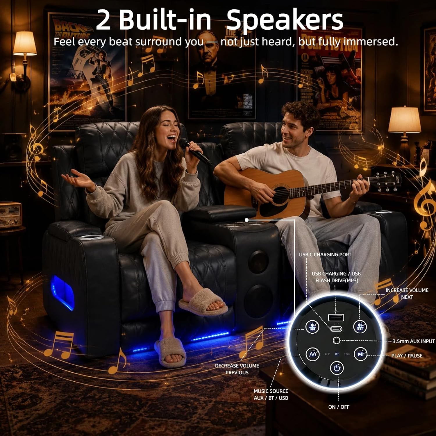 Air Leather Power Reclining Sofa Set with Speakers, LED Ambient Light, USB Charging Ports & Storage Storage, Electric Recliner Couches for Living Room Home Theater Apartment