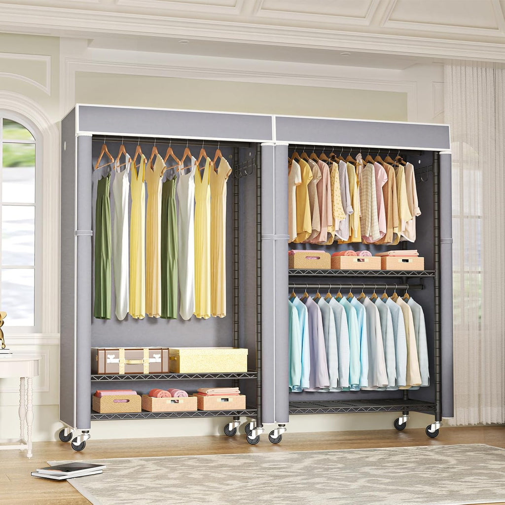 FUTASSI Black Clothing Rack with Grey Cover, P1C Rolling Closets with Wheels, Metal Garment Rack for Hanging Clothes, Clothing Storage Wardrobe, 36.2' W x 16.5' D x 80.5' H, Load 450 Pounds