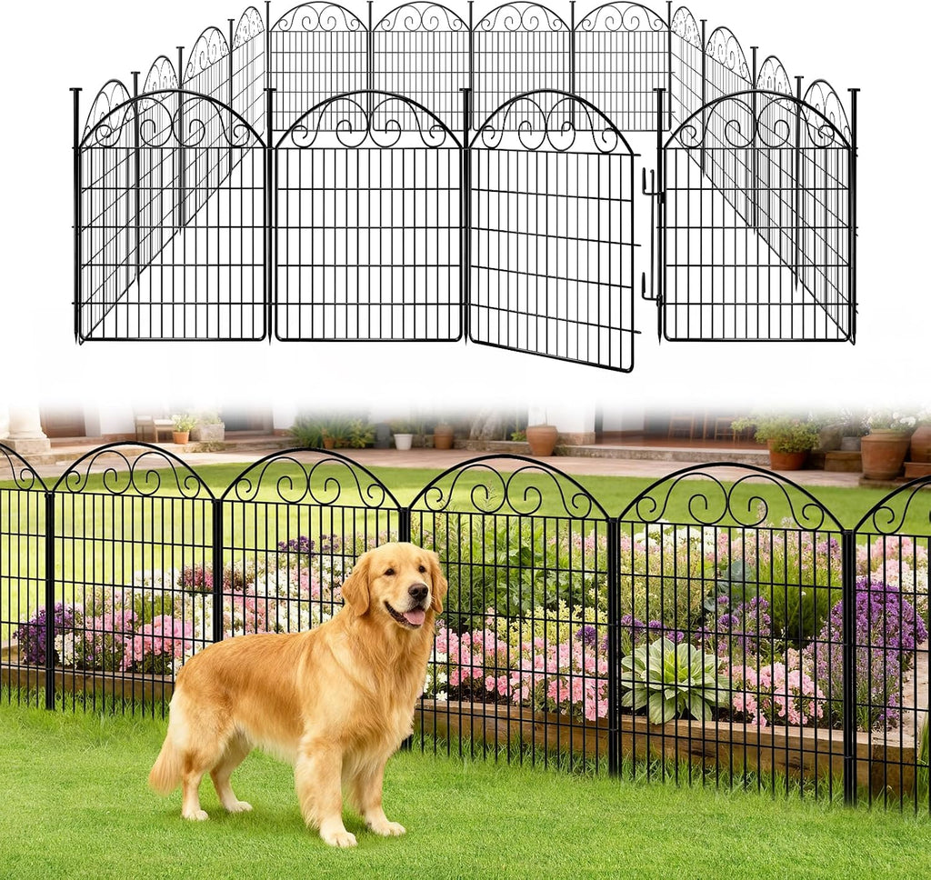 COLRASN 15 Panels No Dig Decorative Garden Dog Fence Outdoor for Yard, 33in(H) x 36.25ft(W) with Latch Tall Animal Barrier Fenceing Panels, Rustproof Ground Stakes Temporary Wire Screen for Patio