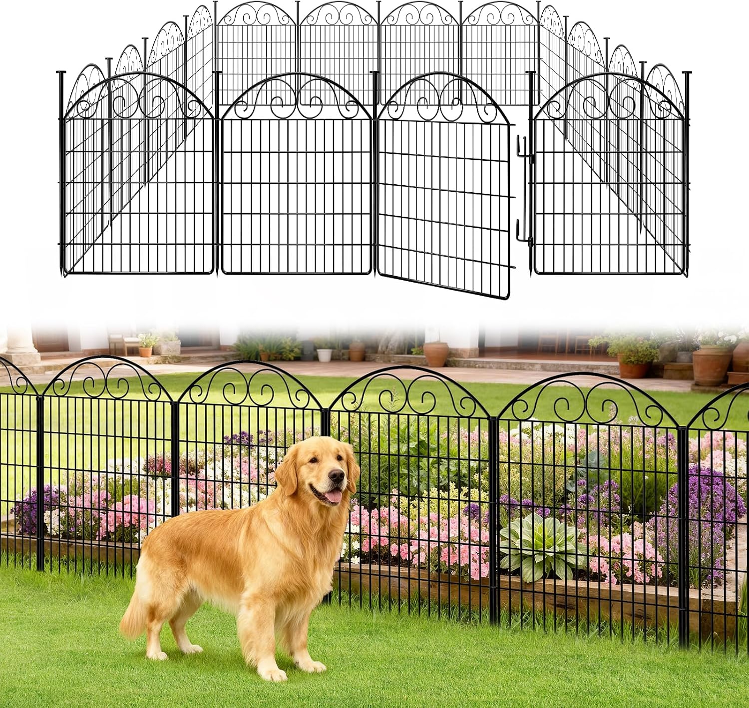 COLRASN 15 Panels No Dig Decorative Garden Dog Fence Outdoor for Yard, 33in(H) x 36.25ft(W) with Latch Tall Animal Barrier Fenceing Panels, Rustproof Ground Stakes Temporary Wire Screen for Patio