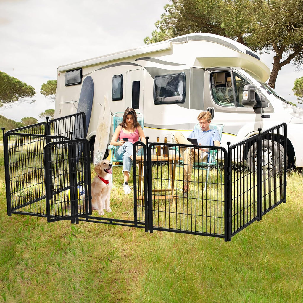 Getlay 56 in(H) Dog Fence Outdoor for Yard，Wide Door Low Threshold, Decorative Garden Fence Panels, 10 Panels Total 22.1 Ft(L)，No Dig Fencing for Dogs, Black