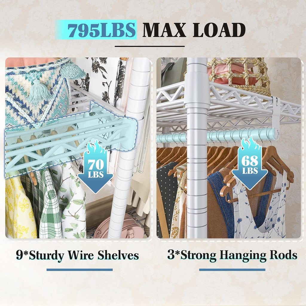 Raybee Clothes Rack Heavy Duty Load 795LBS Adjustable Clothing Racks for Hanging Clothes Garment Rack, 56' W X16 D X 75.5' H White