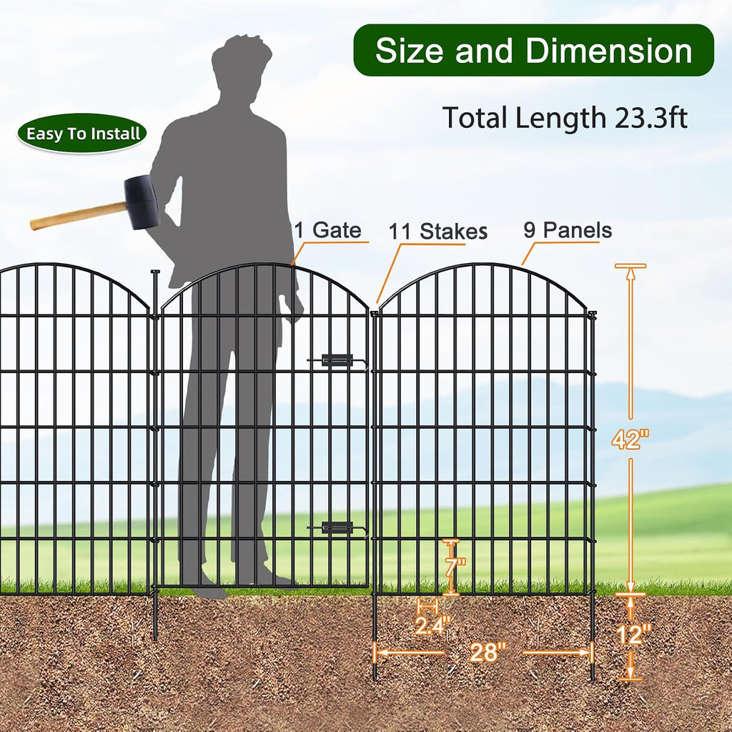 FOREHOGAR Metal Garden Fence with Gate 42in (H) x 23.3ft (L), 1 Gate+ 9 Panels Dog Fence Border Fence Animal Barrier, No Dig Garden Fencing for Yard Flower Bed Lawn Patio Outdoor, ECG4210, Black