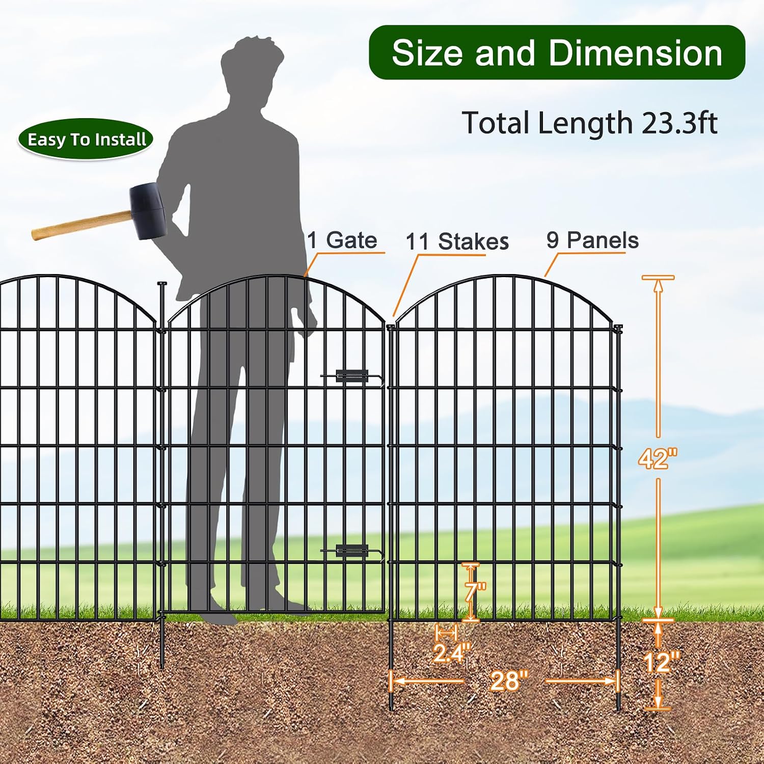 FOREHOGAR Metal Garden Fence with Gate 42in (H) x 23.3ft (L), 1 Gate+ 9 Panels Dog Fence Border Fence Animal Barrier, No Dig Garden Fencing for Yard Flower Bed Lawn Patio Outdoor, ECG4210, Black