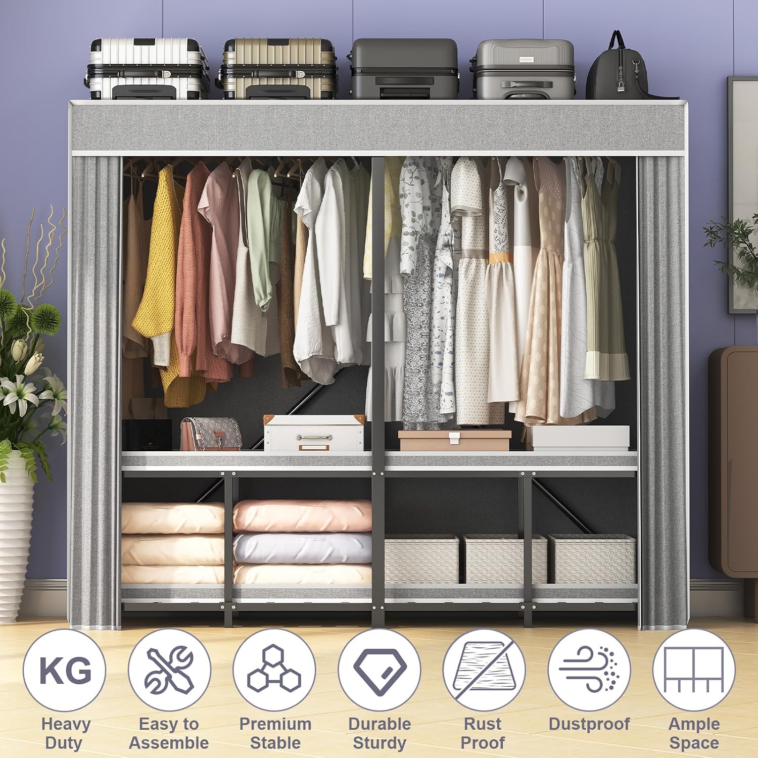 95% Assembled 66' L Clothes Racks for Hanging Clothes, Premium Metal Strong Heavy Duty Clothes Rack with Cover, Portable Foldable Freestanding Garment Rack, Black