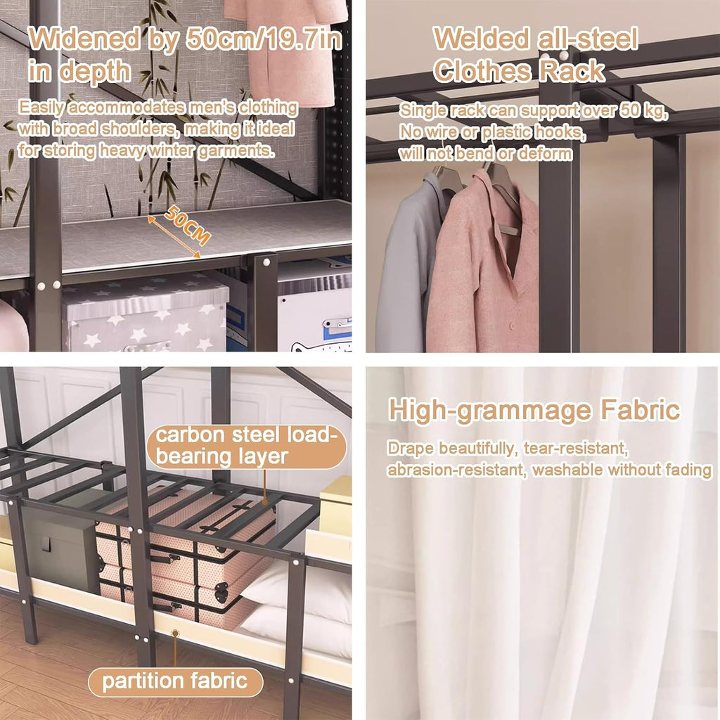 Heavy-Duty Foldable Cloth Rack, Portable Closet Wardrobe with Cover and Pegboard, Freestanding Metal Clothing Rack Armoire Rolling Garment Racks Closet System