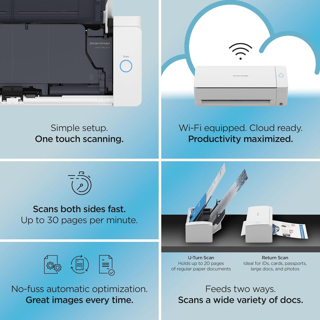 ScanSnap iX1300 Compact Wireless or USB Double-Sided Color Document, Photo & Receipt Scanner with Auto Document Feeder and Manual Feeder for Mac or PC, White