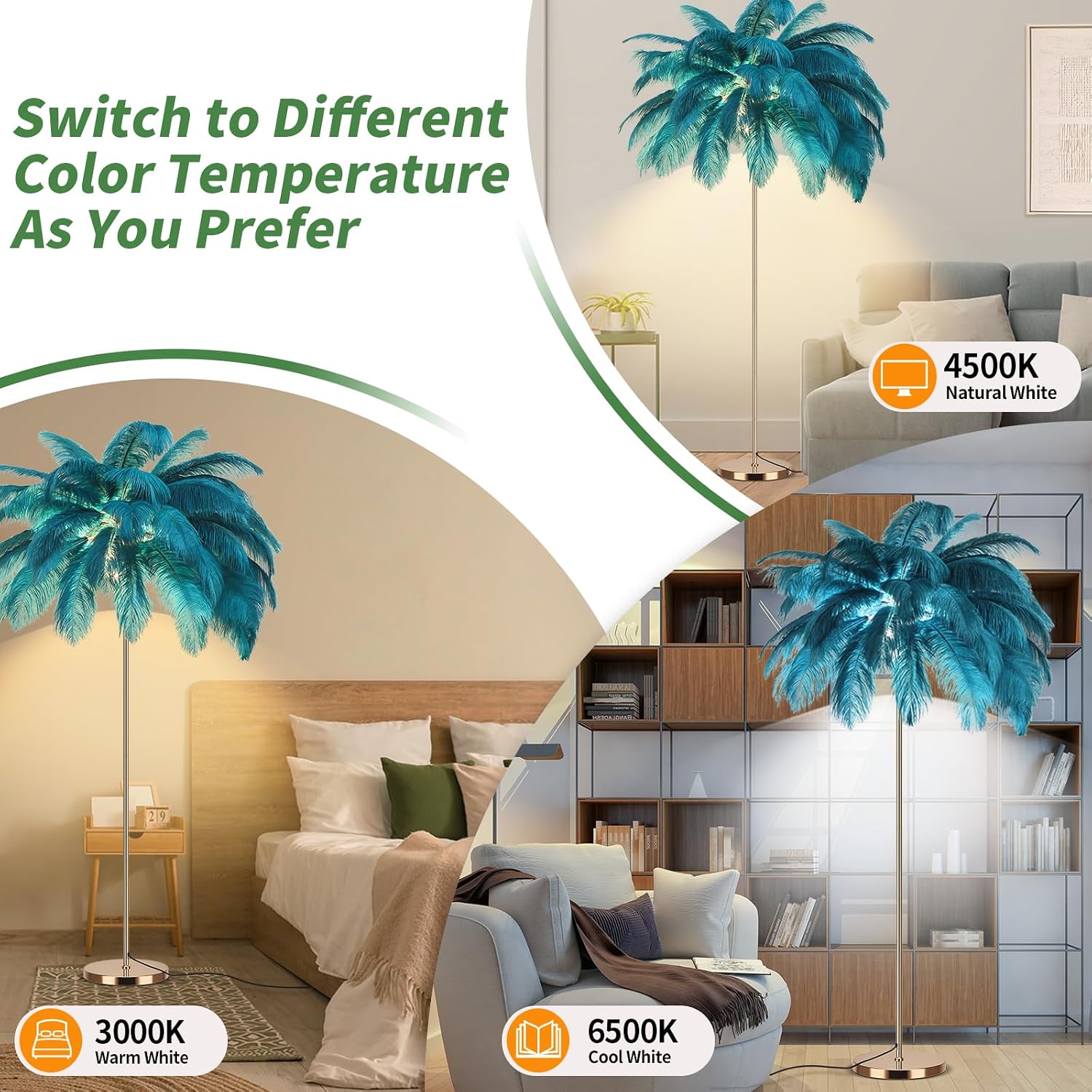Feather Floor Lamp for Living Room, Fluffy Ostrich Feathers Lamp, Rose Gold Color Body, 3 Color Temperatures Modern Funky Arc Tall Standing Lamp for Bedroom Inclued Bright LED Bulbs (Blue)
