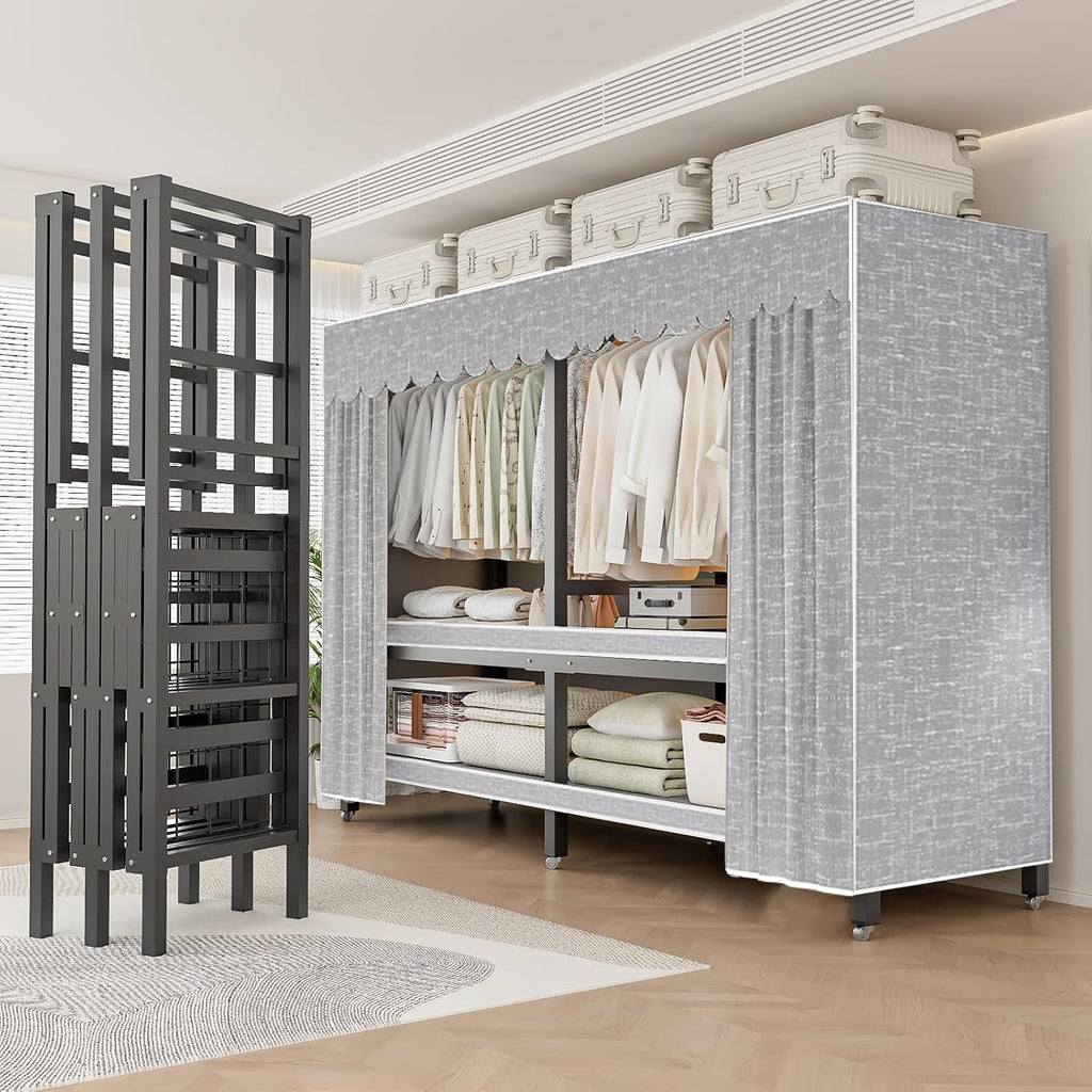 Portable Closet Wardrobe on Wheels, Heavy-Duty 2000 lbs Capacity Freestanding Metal Clothing Rack with Cover for Rolling Garment Storage
