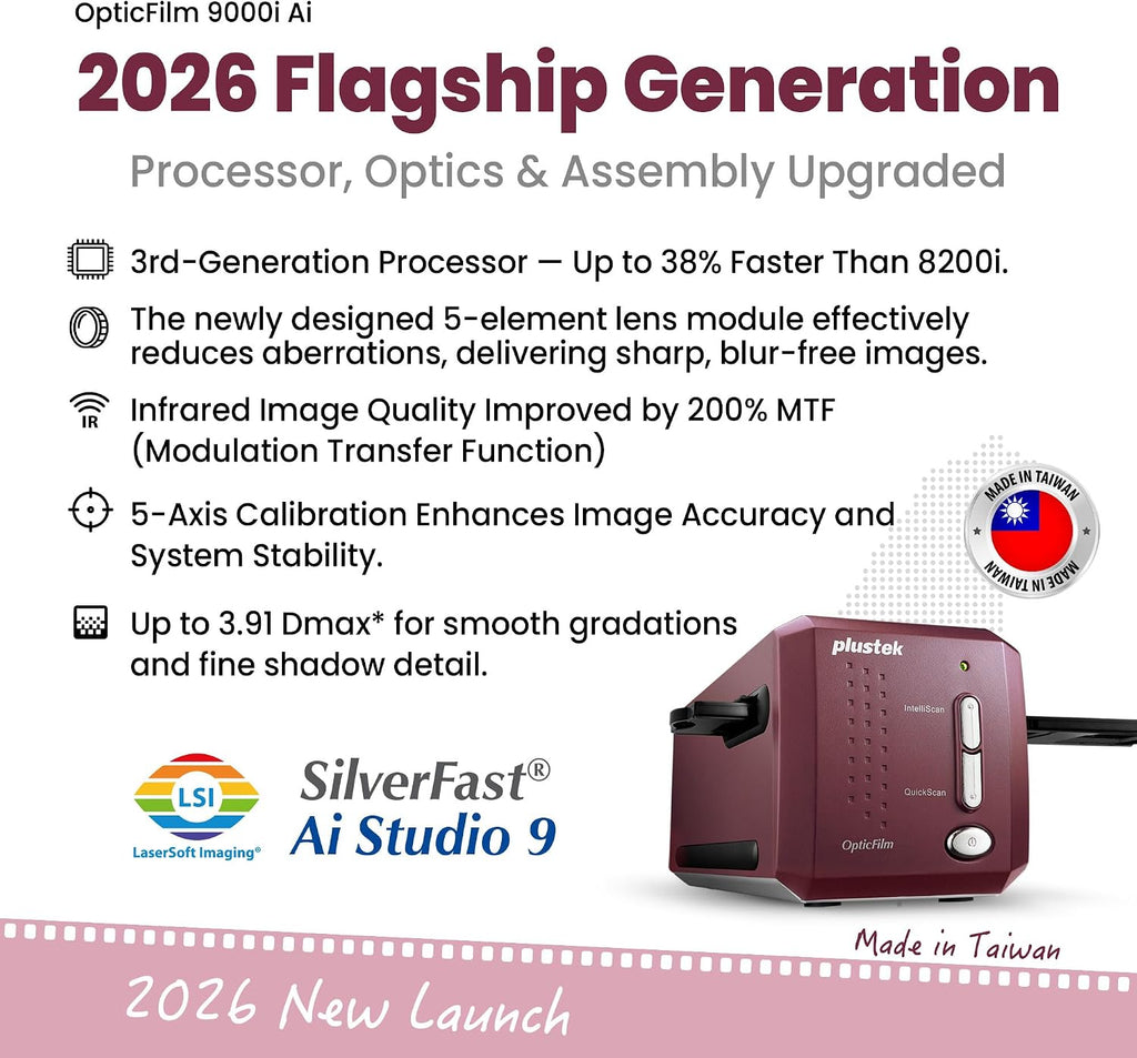 Plustek OpticFilm 9000i Ai 35mm Film Scanner – New 3rd Gen Lens System & 5-Axis Precision Alignment – Professional Detail & Stability – 2026 Flagship Model