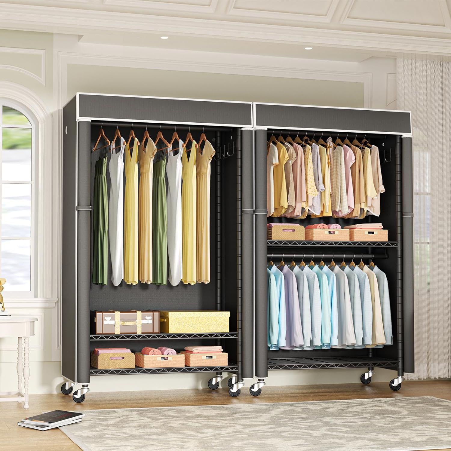 FUTASSI Black Clothing Rack with Dark Gray Cover, P1C Rolling Closets with Wheels, Metal Garment Rack for Hanging Clothes, Clothing Storage Wardrobe, 36.2' W x 16.5' D x 80.5' H, Load 450 Pounds