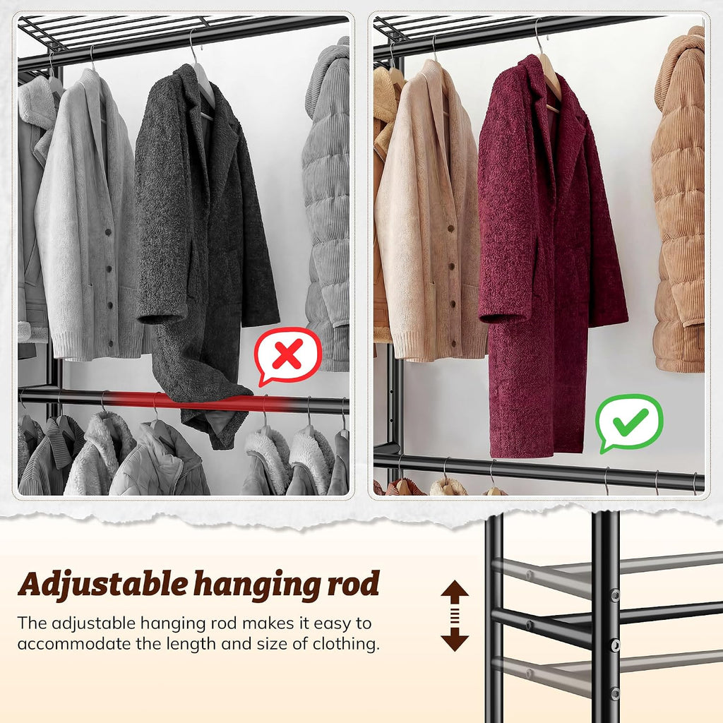 Raybee Clothes Rack, Extra Large Clothing Rack with Cover, Heavy Duty Portable Closets for Hanging Clothes, Freestanding Metal Closet Rack with 6 Rods & 12 Shelves for Bedroom, Load 1200 lbs, Black