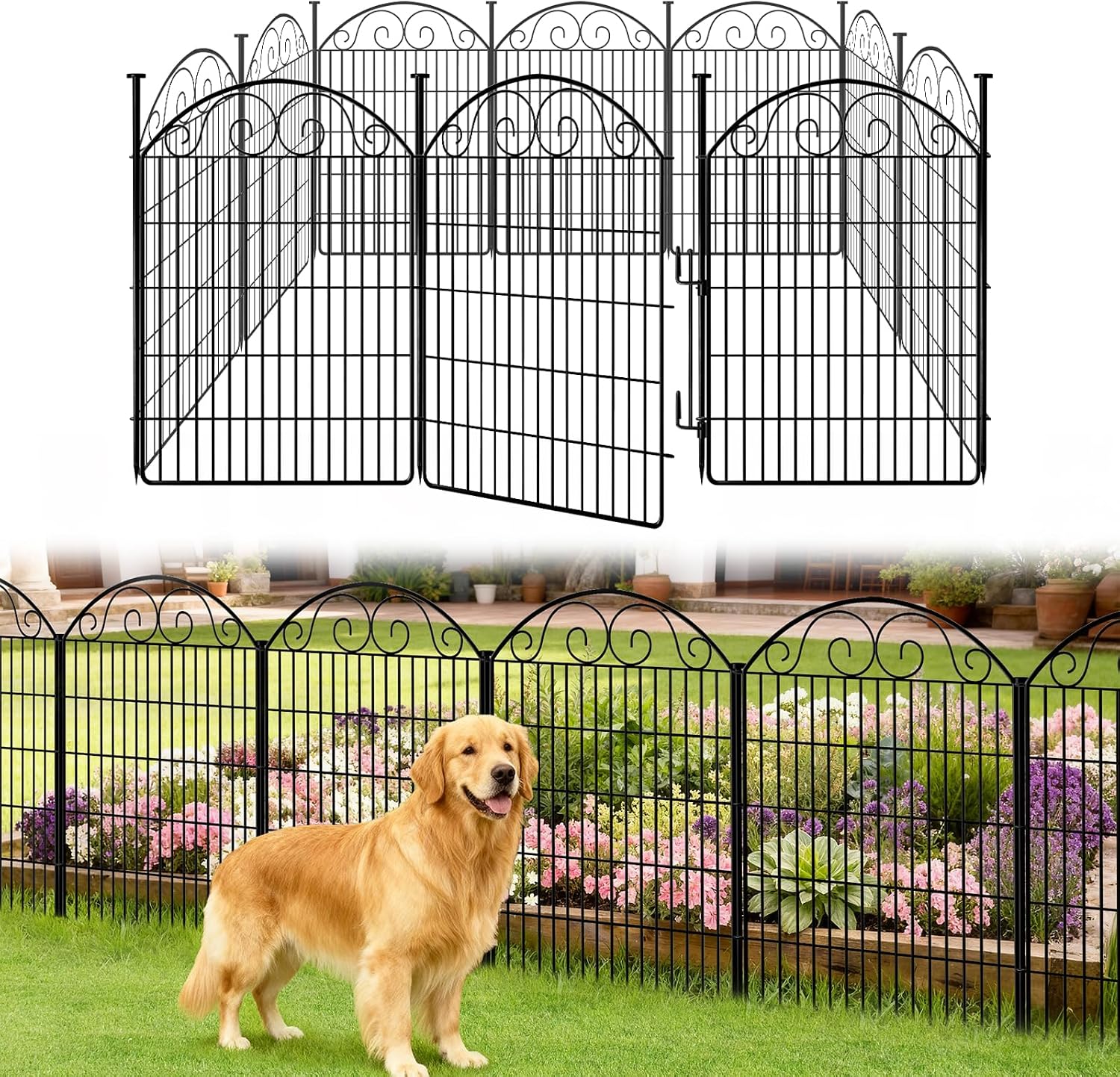 COLRASN 10 Panels No Dig Decorative Garden Dog Fence Outdoor for Yard, 40in(H) x 24.16ft(W) with Latch Tall Animal Barrier Fenceing Panels, Rustproof Ground Stakes Temporary Wire Screen for Patio