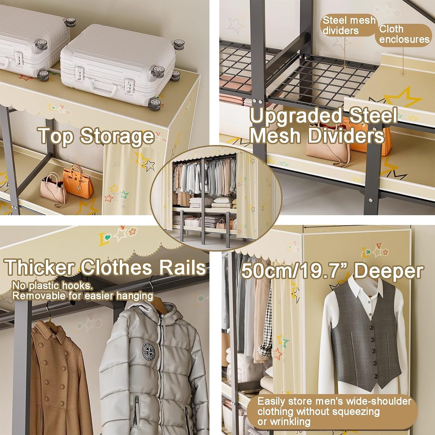 Portable Wardrobe Closet Rack 1100lbs Heavy-Duty Foldable Garment Rack With Cover Freestanding Covered Clothes Organizer System enclosed Armoires For Hanging Clothes(191cm/75.2in)
