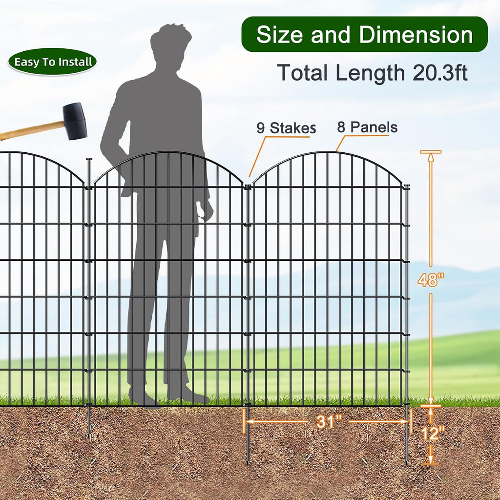 FOREHOGAR Metal Garden Fence 48in (H) x 20.3ft (L), 8 Panels + 9 Stakes Dog Fence Border Fence Animal Barrier, No Dig Garden Fencing for Yard Flower Bed Lawn Patio Outdoor, CTW4808 Black