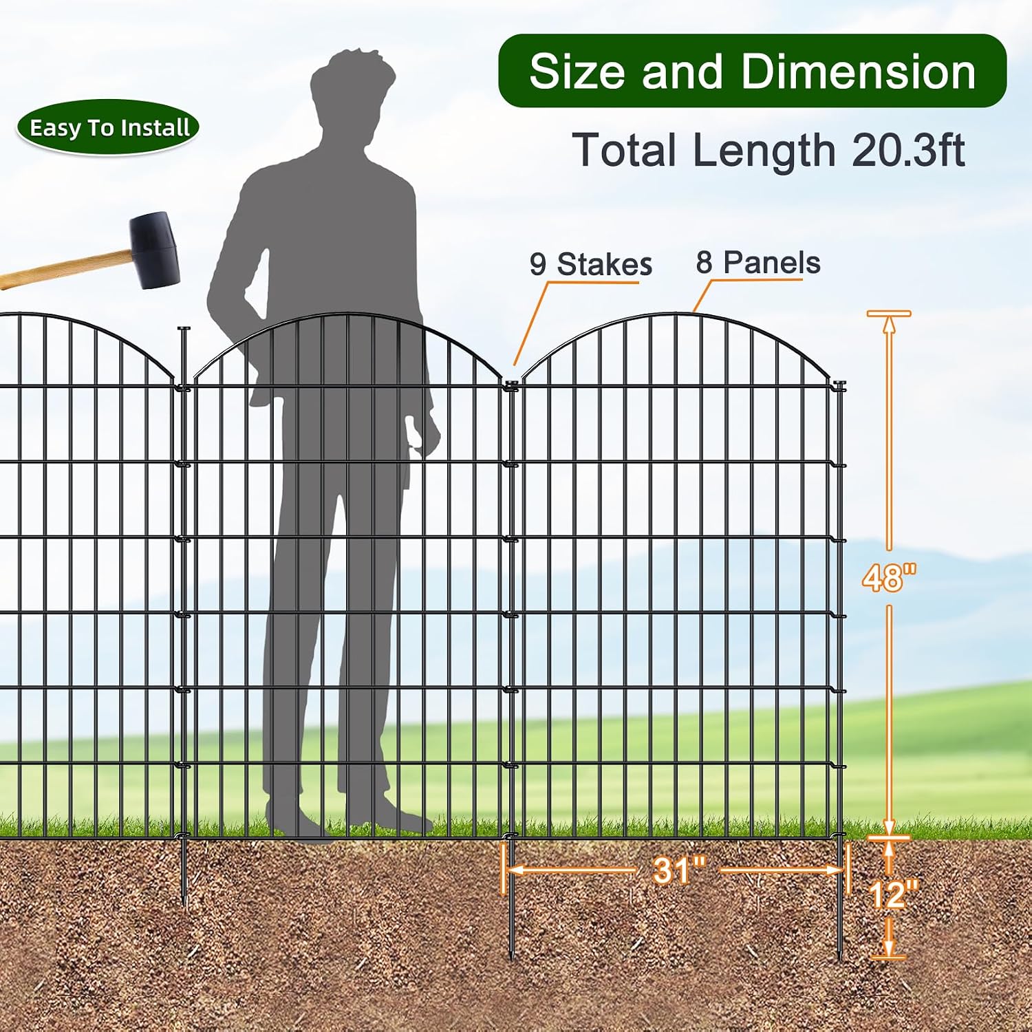 FOREHOGAR Metal Garden Fence 48in (H) x 20.3ft (L), 8 Panels + 9 Stakes Dog Fence Border Fence Animal Barrier, No Dig Garden Fencing for Yard Flower Bed Lawn Patio Outdoor, CTW4808 Black