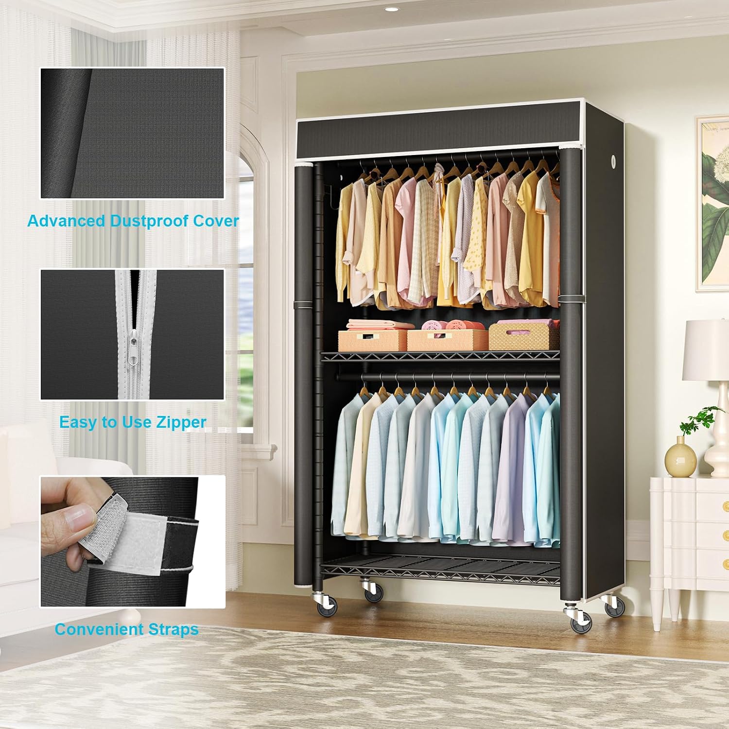 FUTASSI Clothing Rack with Cover, P1C Rolling Closets with Wheels, Metal Garment Rack for Hanging Clothes, Clothing Storage Wardrobe with Cover, 36.2' W x 16.5' D x 80.5' H, Black, Load 450 Pounds