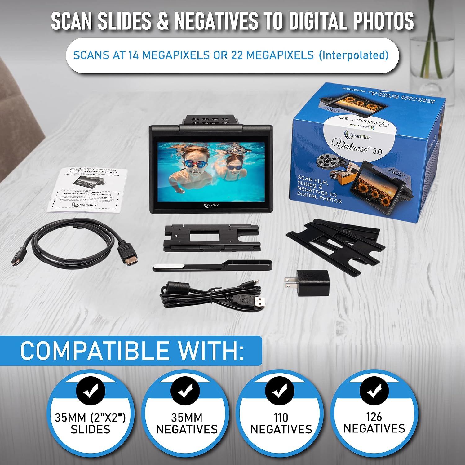 ClearClick Virtuoso 3.0 (Third Generation) 22MP Film & Slide Scanner (35mm, 110, 126) with Large 7' LCD Screen - Convert Slides and Negatives to Digital Photos