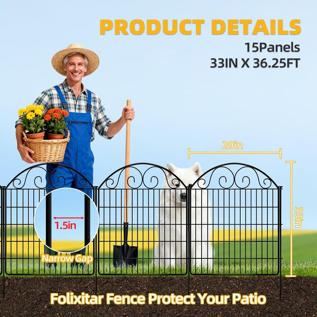 COLRASN 15 Panels No Dig Decorative Garden Dog Fence Outdoor for Yard, 33in(H) x 36.25ft(W) Tall Animal Barrier Fenceing Panels, Rustproof Ground Stakes Temporary Wire Screen for Patio