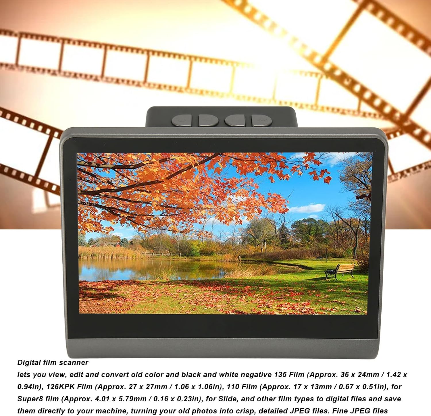 48MP Film Slide Scanner with 7 Color Screen, Converts 135mm / 126KPK / 110mm / Super 8 Films/Slides/Negatives to Digital Photos, High Resolution, Built in Memory (US Plug)