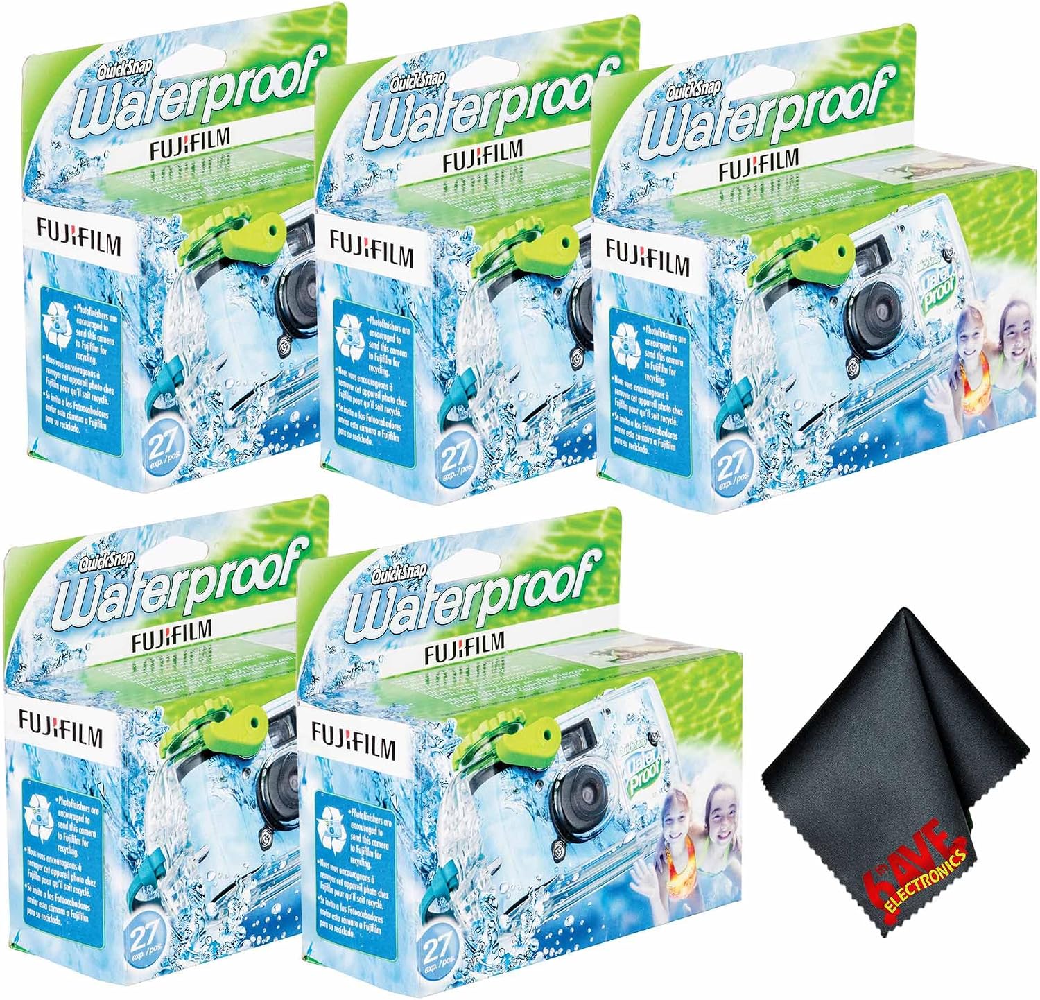 FUJIFILM QuickSnap 800 Waterproof 35mm One-Time-Use Disposable Camera (5X 27 Exposures) Bundle with Microfiber Cleaning Cloth