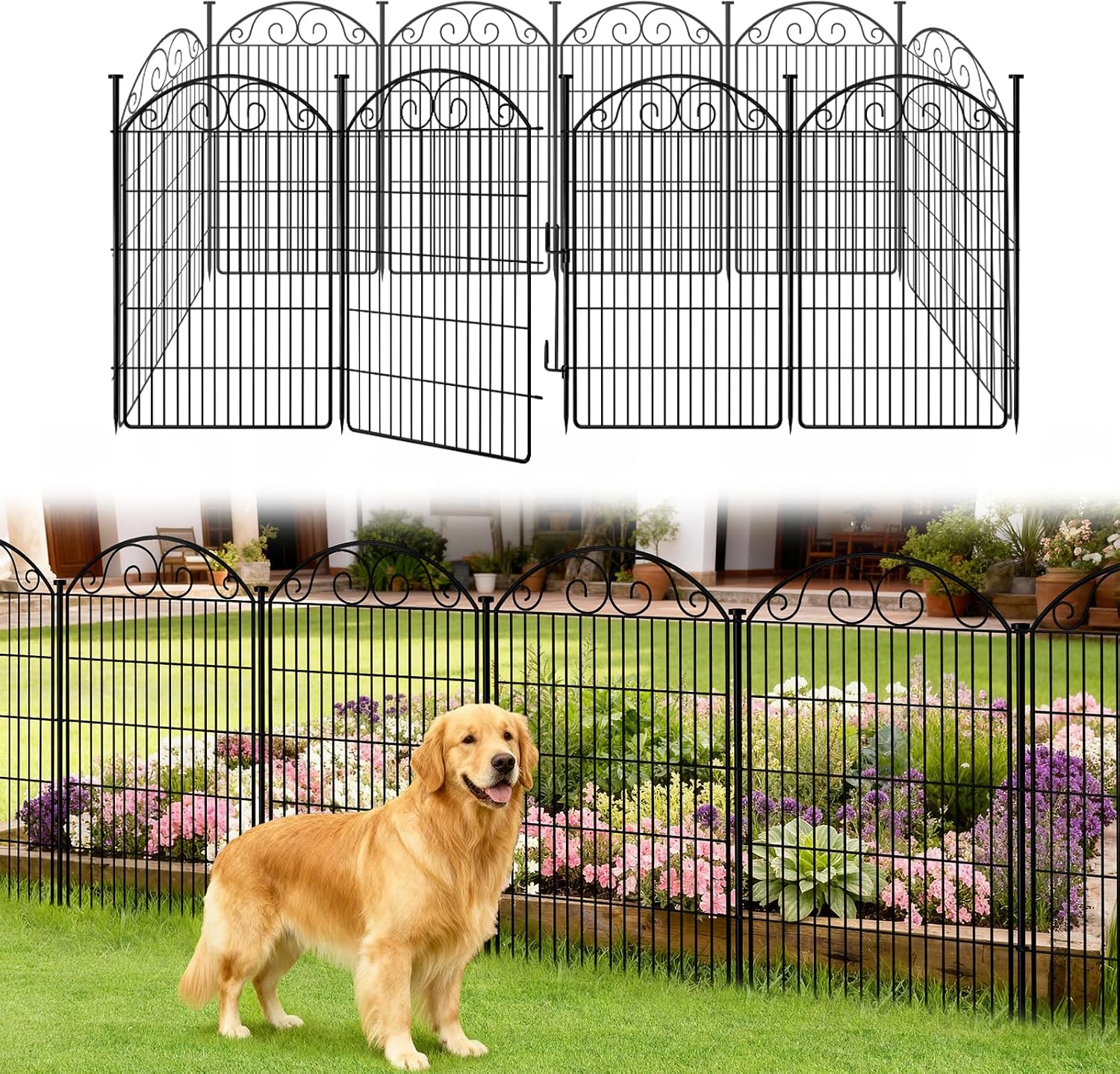 COLRASN 10 Panels No Dig Decorative Garden Dog Fence Outdoor for Yard, 48in(H) x 24.16ft(W) with Latch Tall Animal Barrier Fenceing Panels, Rustproof Ground Stakes Temporary Wire Screen for Patio
