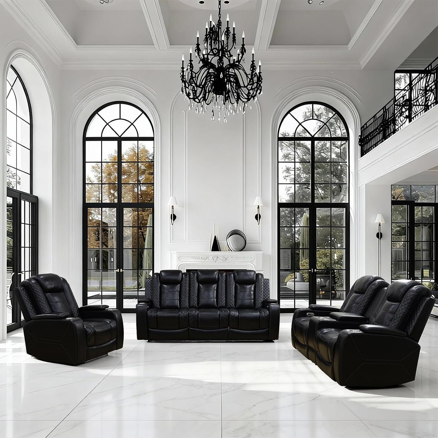 Power Recliner Sofa Set - 3 Piece Living Room Furniture Set with Electric Reclining Sofa, Loveseat and Chair, Breathable Faux Leather with USB Ports, Wireless Charging, Cup Holders and LED Lights