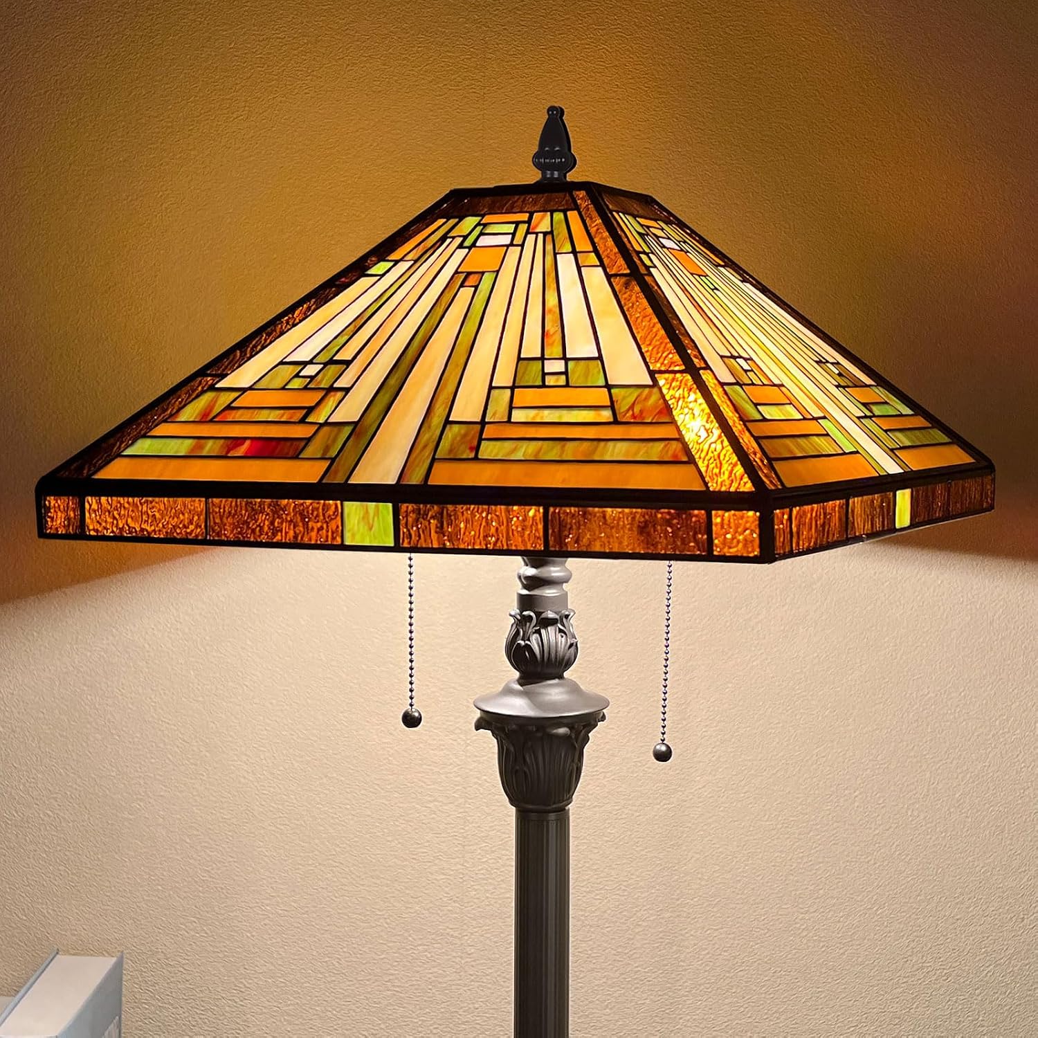 Capulina Tiffany Lamp Antique Amber Brown Stained Glass Floor Lamp 2-Light