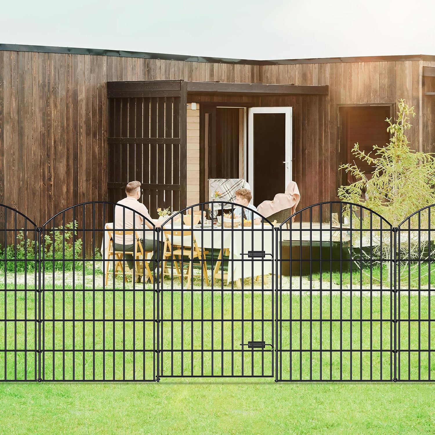 FOREHOGAR Metal Garden Fence with Gate 42in (H) x 23.3ft (L), 1 Gate+ 9 Panels Dog Fence Border Fence Animal Barrier, No Dig Garden Fencing for Yard Flower Bed Lawn Patio Outdoor, ECG4210, Black