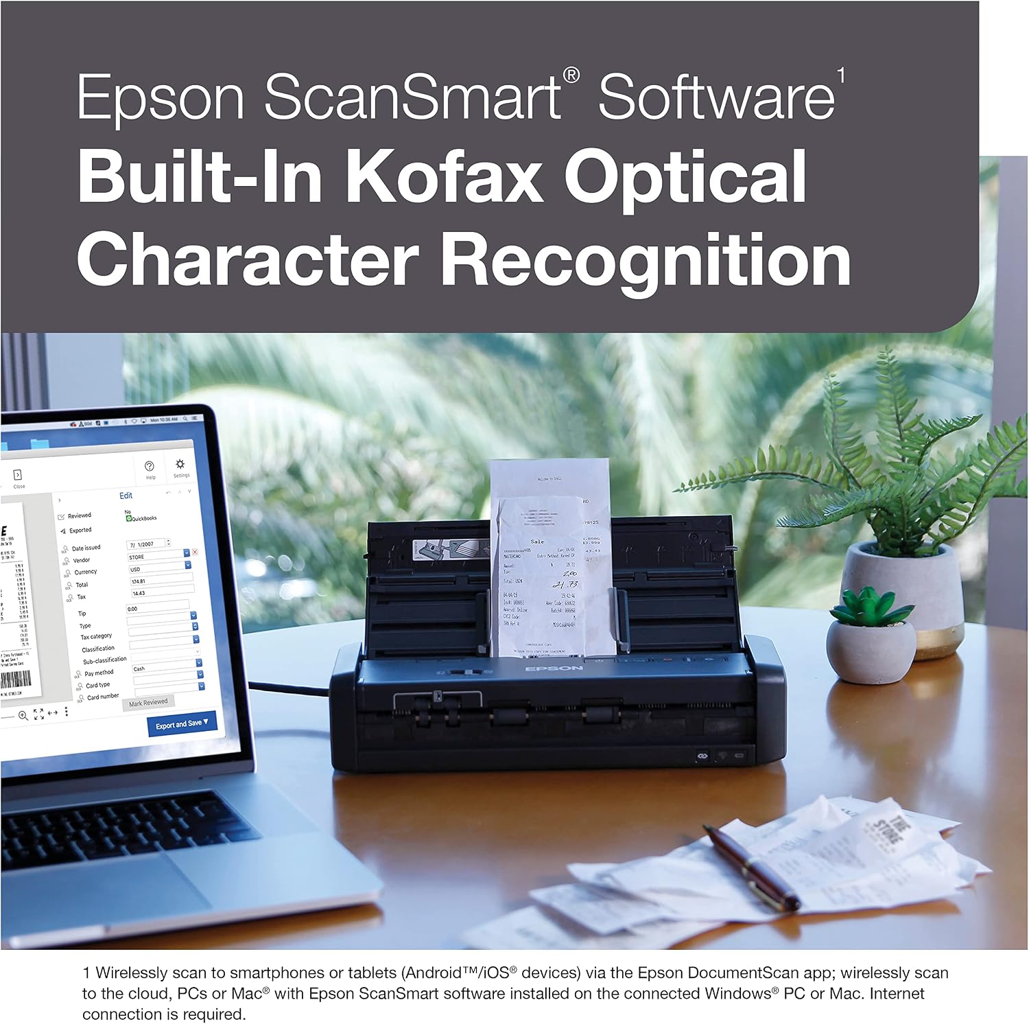 Epson Workforce ES-300W Wireless Color Portable Document Scanner with ADF for PC and Mac Sheet-fed, Duplex Scanning