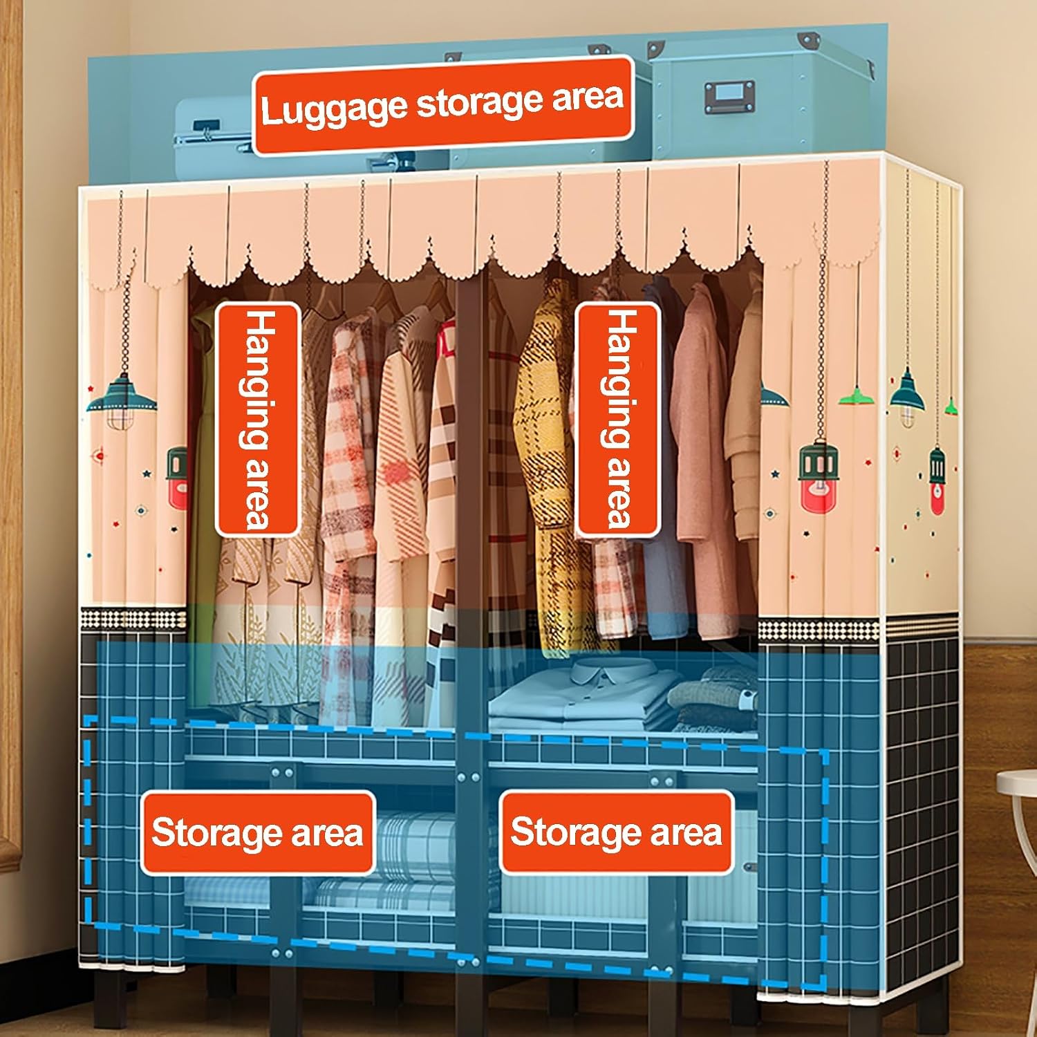 Heavy Duty Portable Wardrobe Closet With Cover, Foldable Heavy Duty Clothes Rack With Door, Freestanding Garment Rack For Bedroom Armoire Closet(B,151cm/59.4inch)