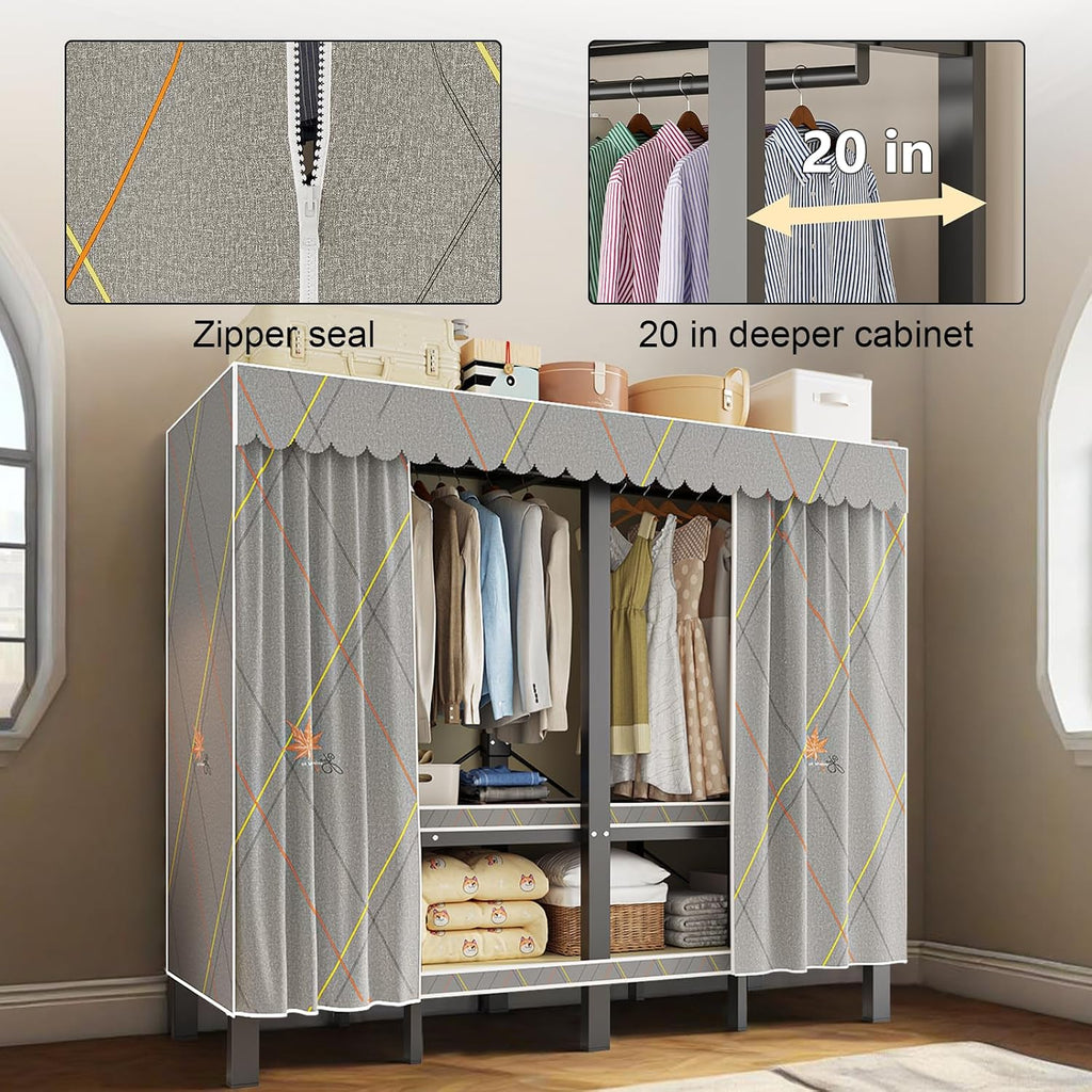 Portable Wardrobe Closet, Heavy Duty Clothing Rack for Hanging Clothes, Metal Clothes Rack with Cover and Hanging Rods, Freestanding Wardrobe Armoire Load 1000 LBS (Zipper style 59 inches/150cm)