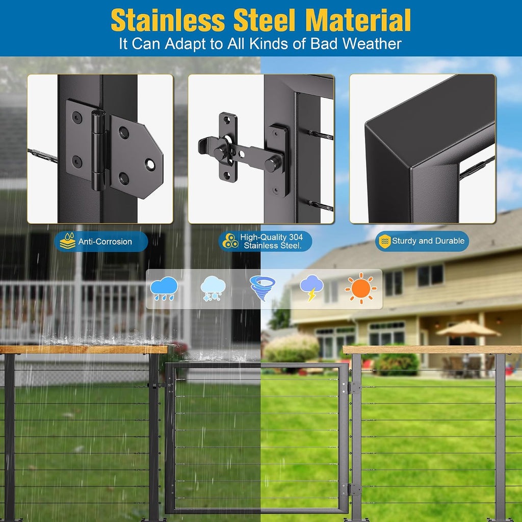 Outdoor Gate Integrated Welding Cable Railing Gate for Wood Metal Cable Railing System Stainless Steel Fence Gate (Left Hand in Swing, Black)