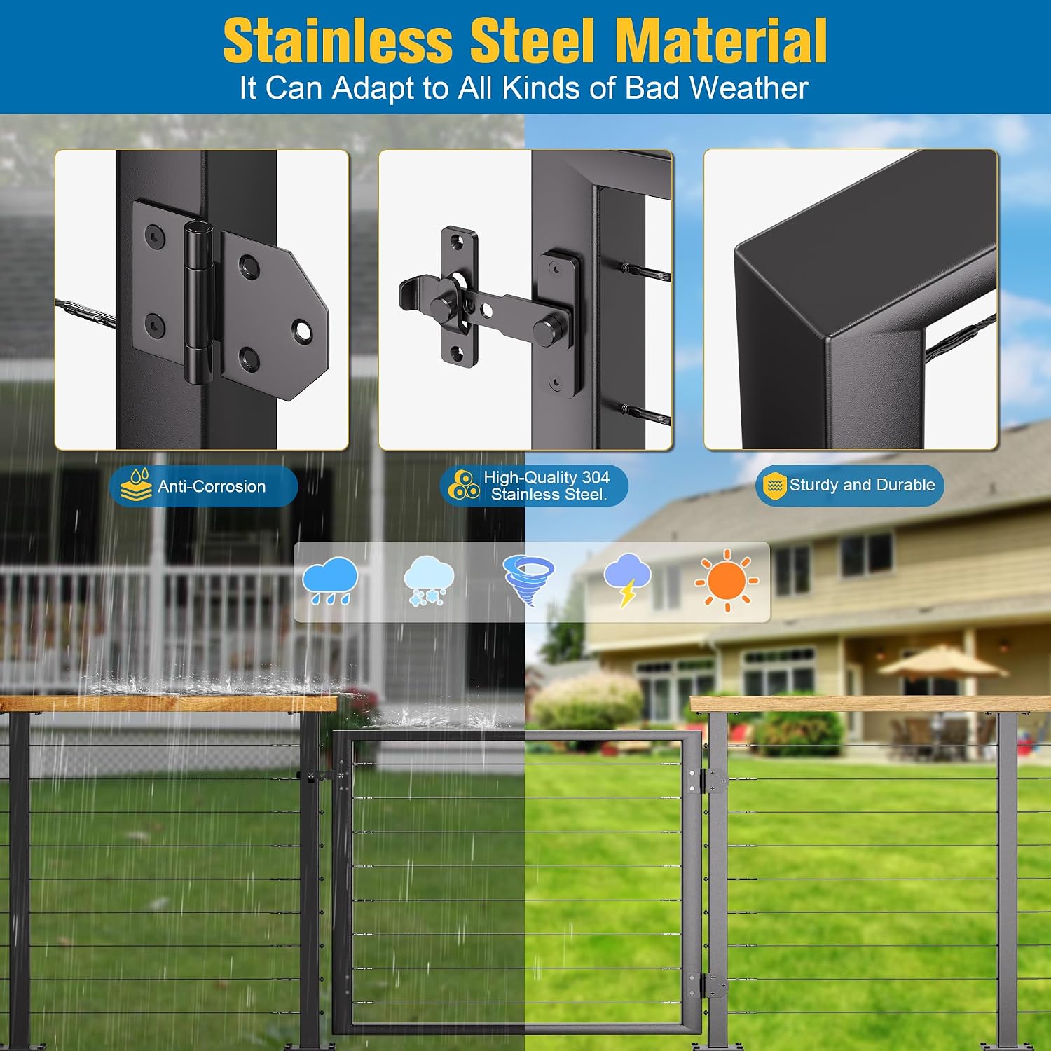 Outdoor Gate Integrated Welding Cable Railing Gate for Wood Metal Cable Railing System Stainless Steel Fence Gate (Left Hand in Swing, Black)