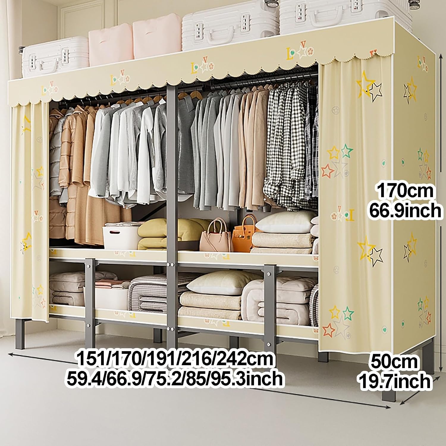 Heavy Duty Portable Closet Cover Foldable Clothe Garment Rack Hanging Foldable Covered Clothes Rack Freestanding Clothing Coat Storage Rack 242cm 95.3inch (Yellow 151cm/59.4inch)