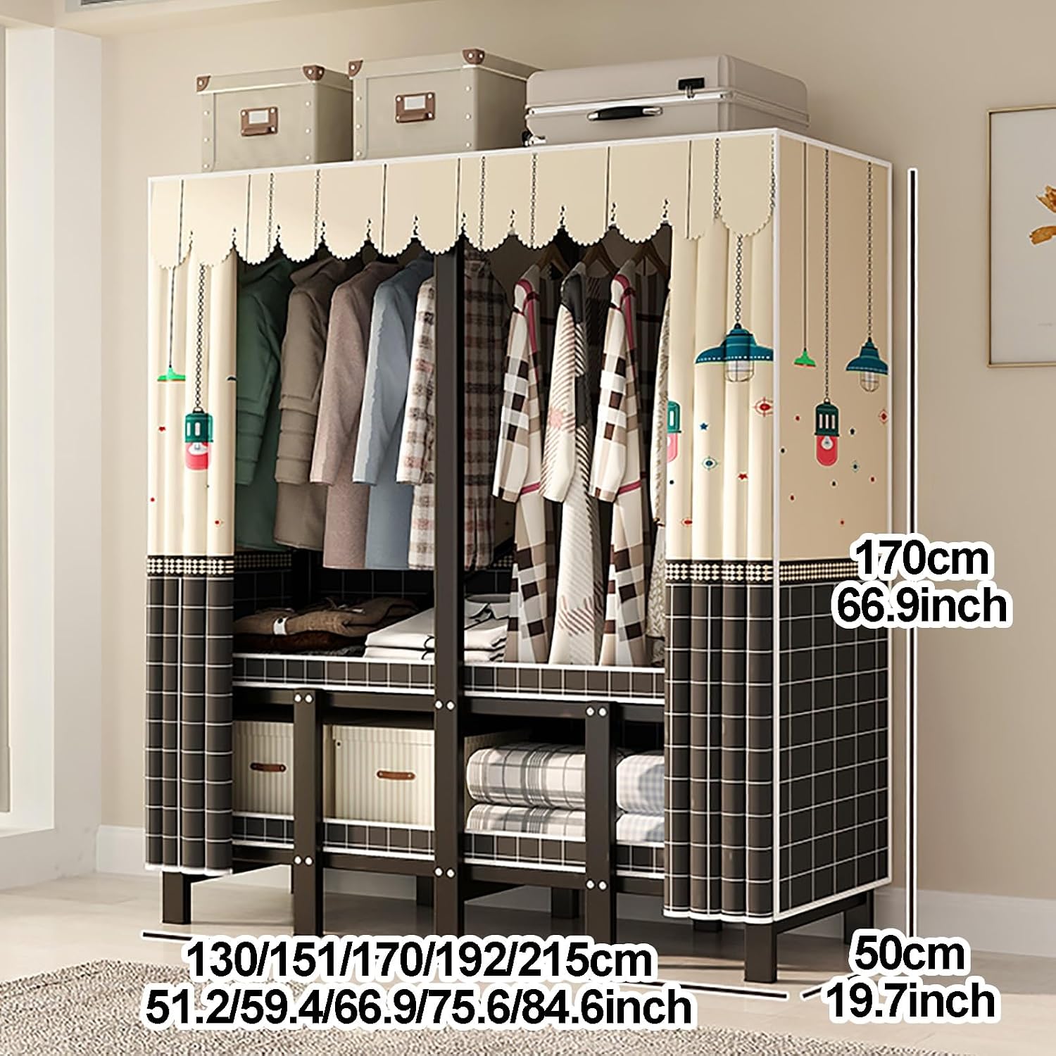 Heavy Duty Portable Wardrobe Closet With Cover, Foldable Heavy Duty Clothes Rack With Door, Freestanding Garment Rack For Bedroom Armoire Closet(B,151cm/59.4inch)
