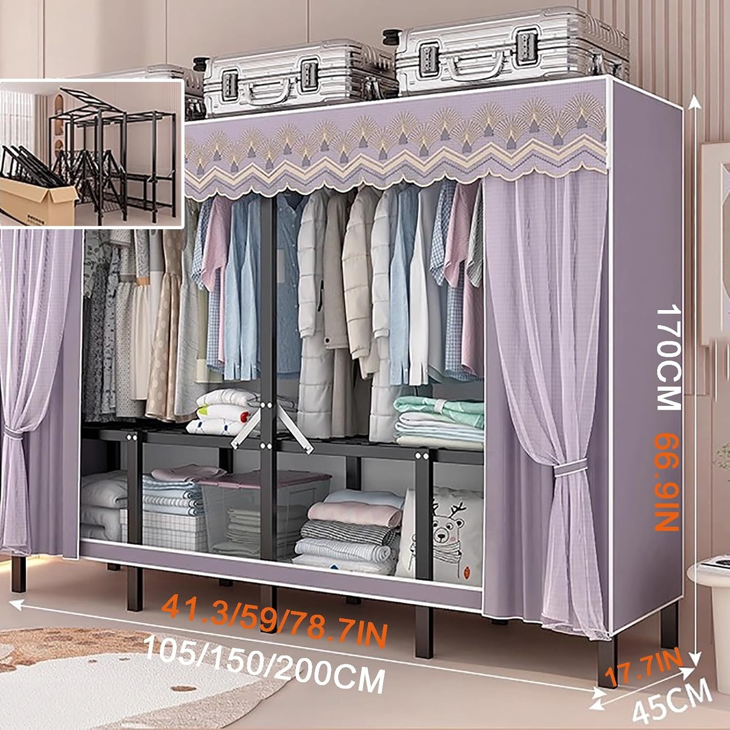 Portable Foldable Wardrobe Closet, Garment Rack with Cover for Hanging Clothes, Clothes Rack with Storage Basket, Clothes Storage Box, Thickened Steel Tube(Beige,78.7x67in/200x67in)