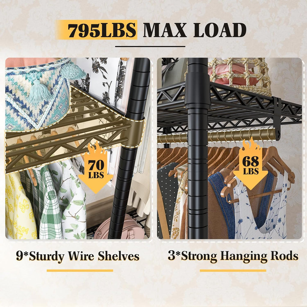 Raybee Clothes Rack Heavy Duty Load 795LBS Portable Clothing Racks for Hanging Clothes Adjustable Garment Rack, 56' W X16 D X 75.5' H Black