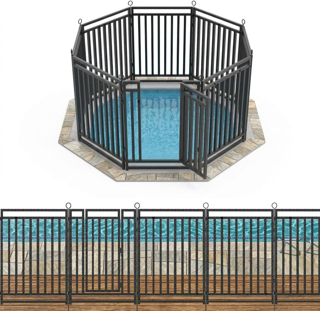18ft x 40in Removable Pool Fence, 7 Panel & 1 Gate In-Ground Safety Barrier for Pets, Reinforced Metal Fencing for Patio & Garden, Black-Silver