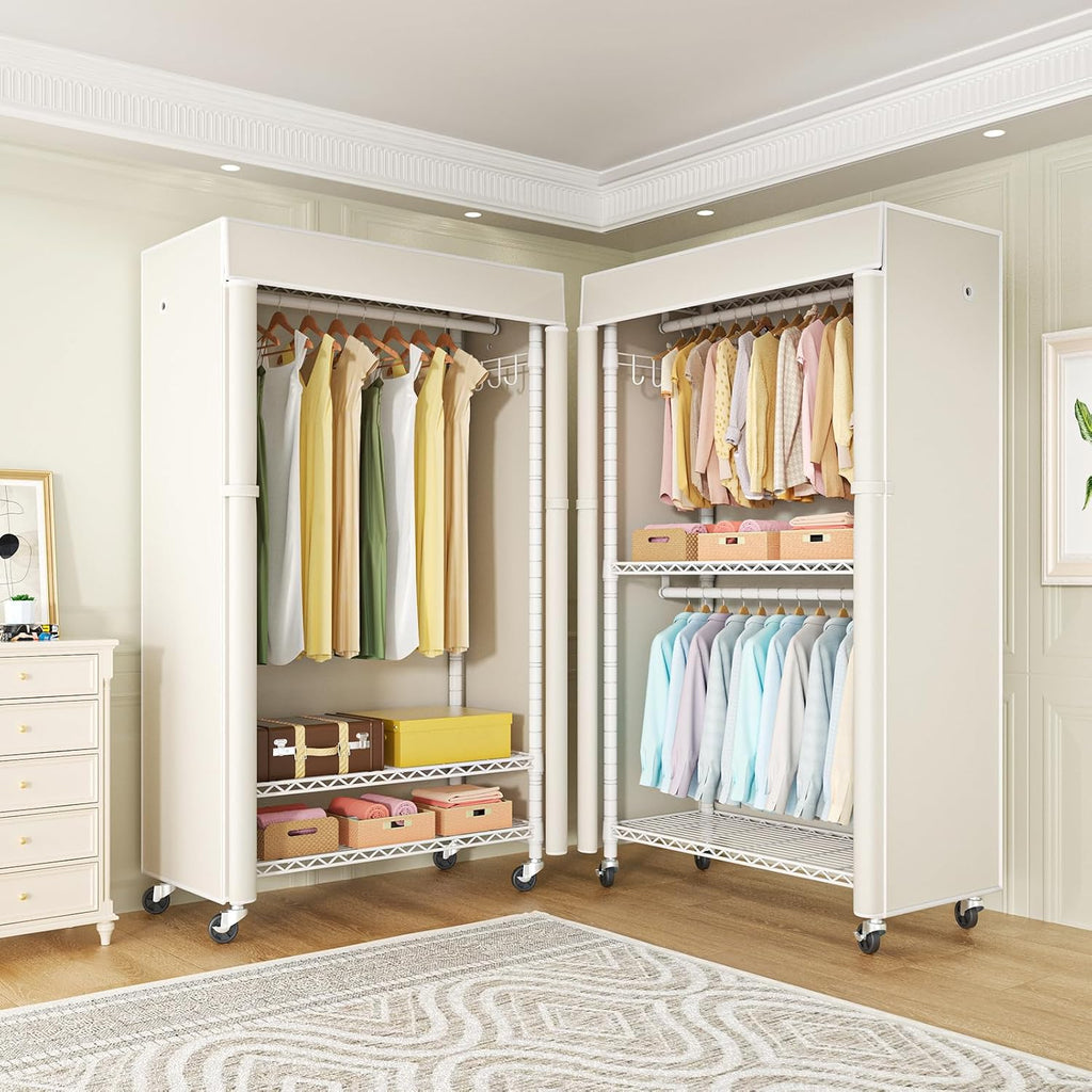 FUTASSI White Clothing Rack with Beige Cover, P1C Rolling Closets with Wheels, Metal Garment Rack for Hanging Clothes, Clothing Storage Wardrobe, 36.2' W x 16.5' D x 80.5' H, Load 450 Pounds