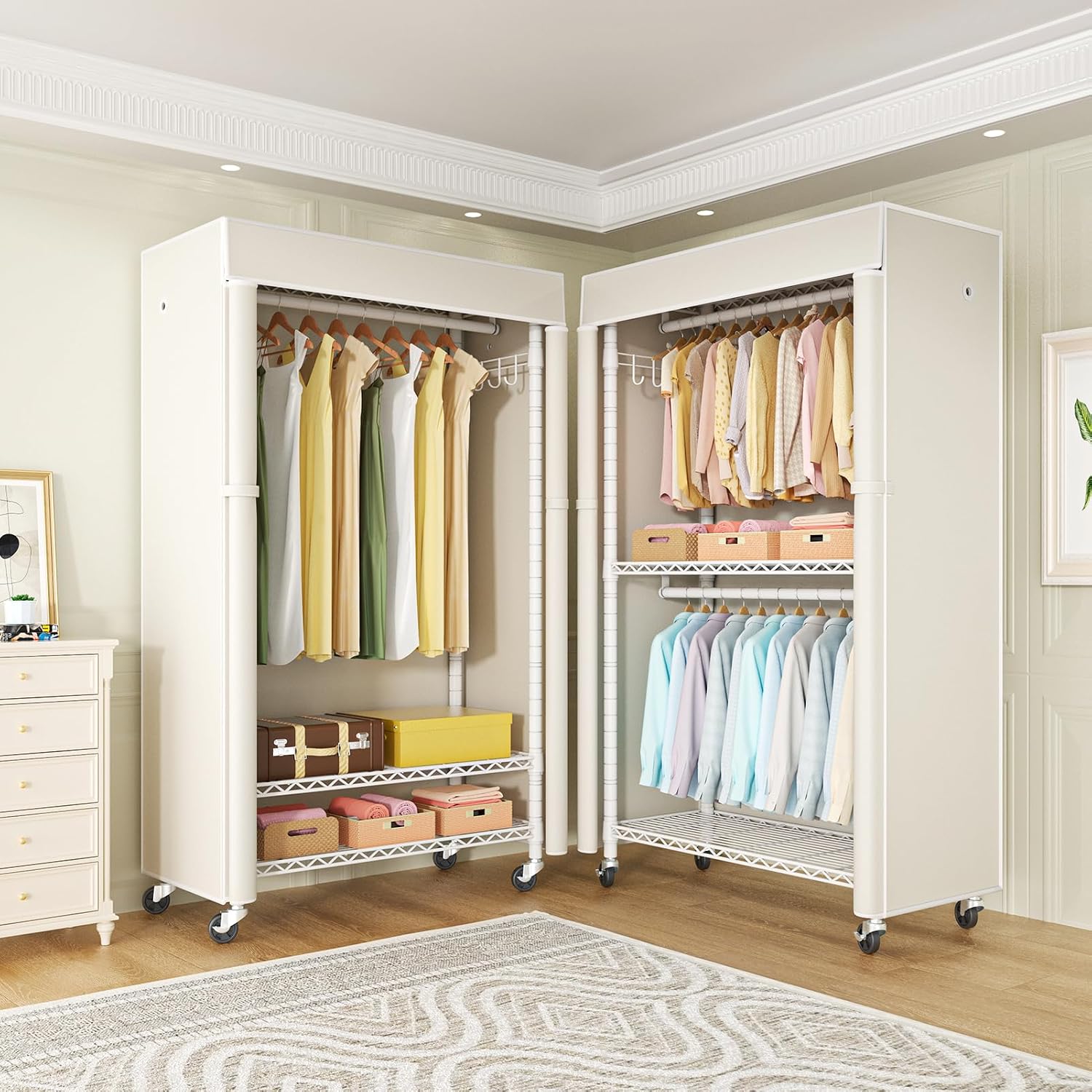 FUTASSI White Clothing Rack with Beige Cover, P1C Rolling Closets with Wheels, Metal Garment Rack for Hanging Clothes, Clothing Storage Wardrobe, 36.2' W x 16.5' D x 80.5' H, Load 450 Pounds