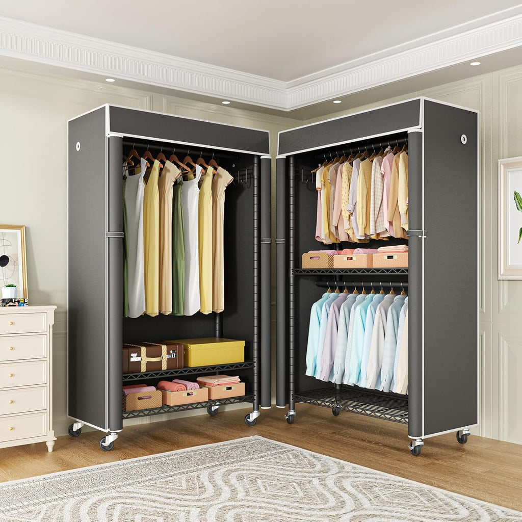 FUTASSI Black Clothing Rack with Dark Gray Cover, P1C Rolling Closets with Wheels, Metal Garment Rack for Hanging Clothes, Clothing Storage Wardrobe, 36.2' W x 16.5' D x 80.5' H, Load 450 Pounds
