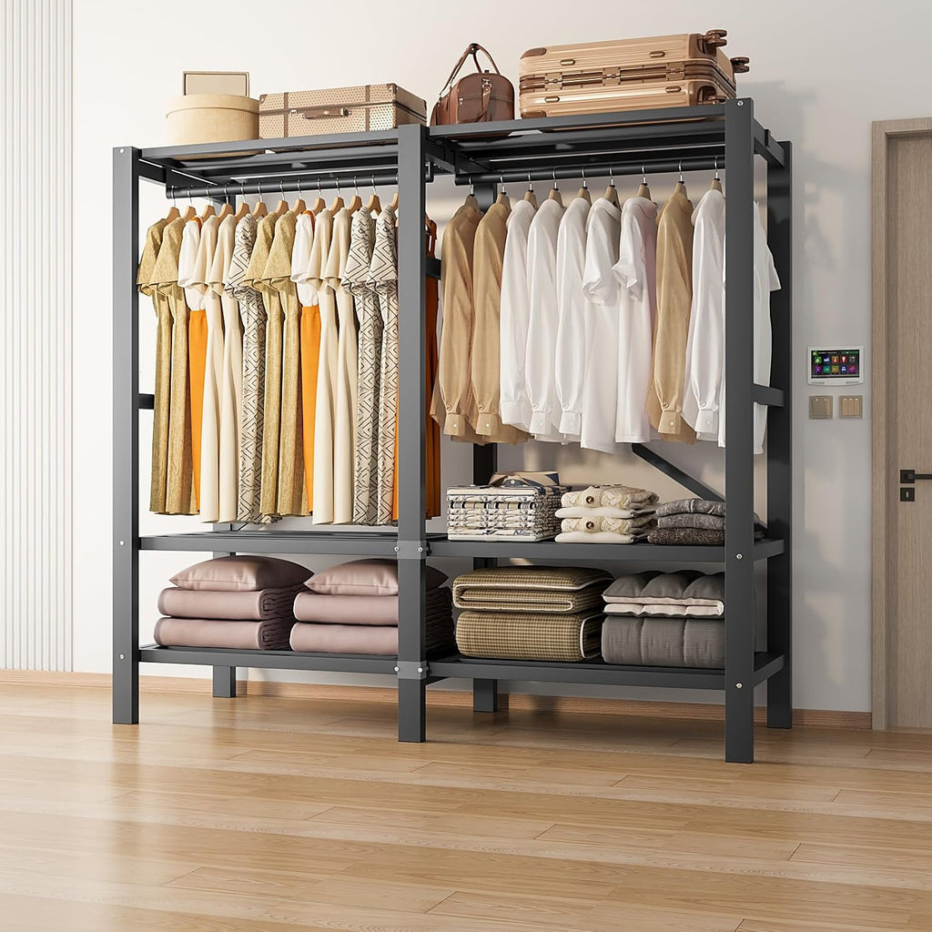 Heavy Duty Portable Closet Wardrobe, Garment Rack with Cover & Hanging Rods, Freestanding Wardrobe with Magnetic Door, Metal Closet Rack for Hanging Clothes (Door Design C, 49.2''/125cm)