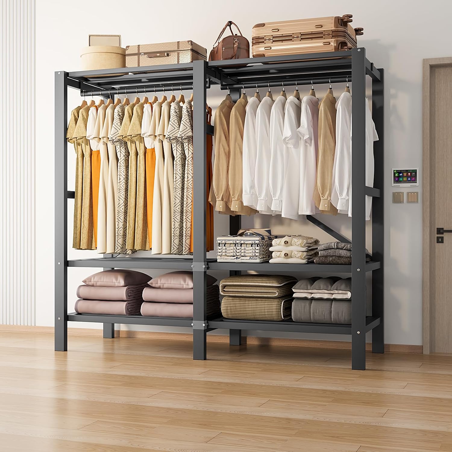 Heavy Duty Portable Closet Wardrobe, Garment Rack with Cover & Hanging Rods, Freestanding Wardrobe with Magnetic Door, Metal Closet Rack for Hanging Clothes (Door Design C, 49.2''/125cm)