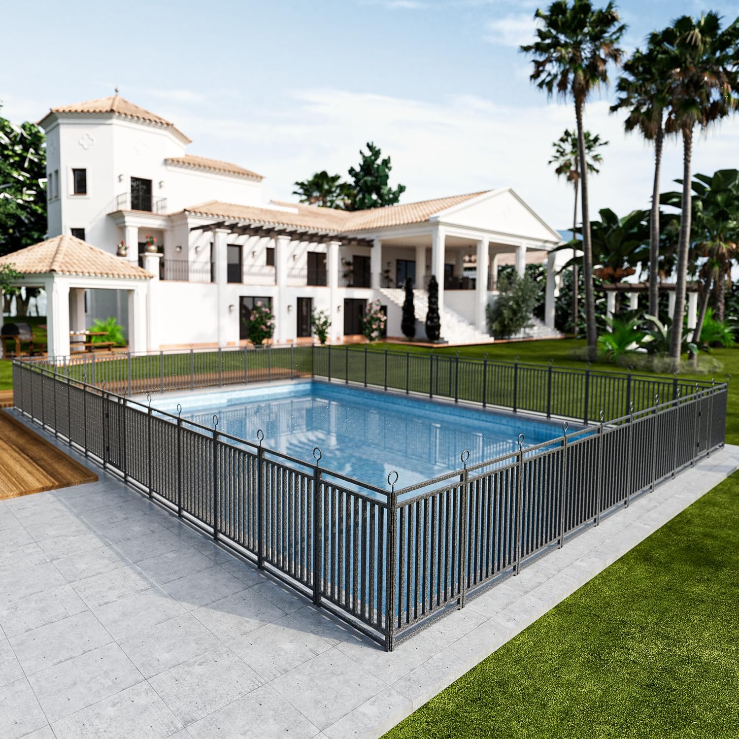 Metal Swimming Pool Fence 110ft (L) × 40in (H) with 42 Panels & 6 Gates, Pool Safety Fence, Protective Barrier with Reinforced Stakes, Compatible with Patios & Gardens, Black-Silver