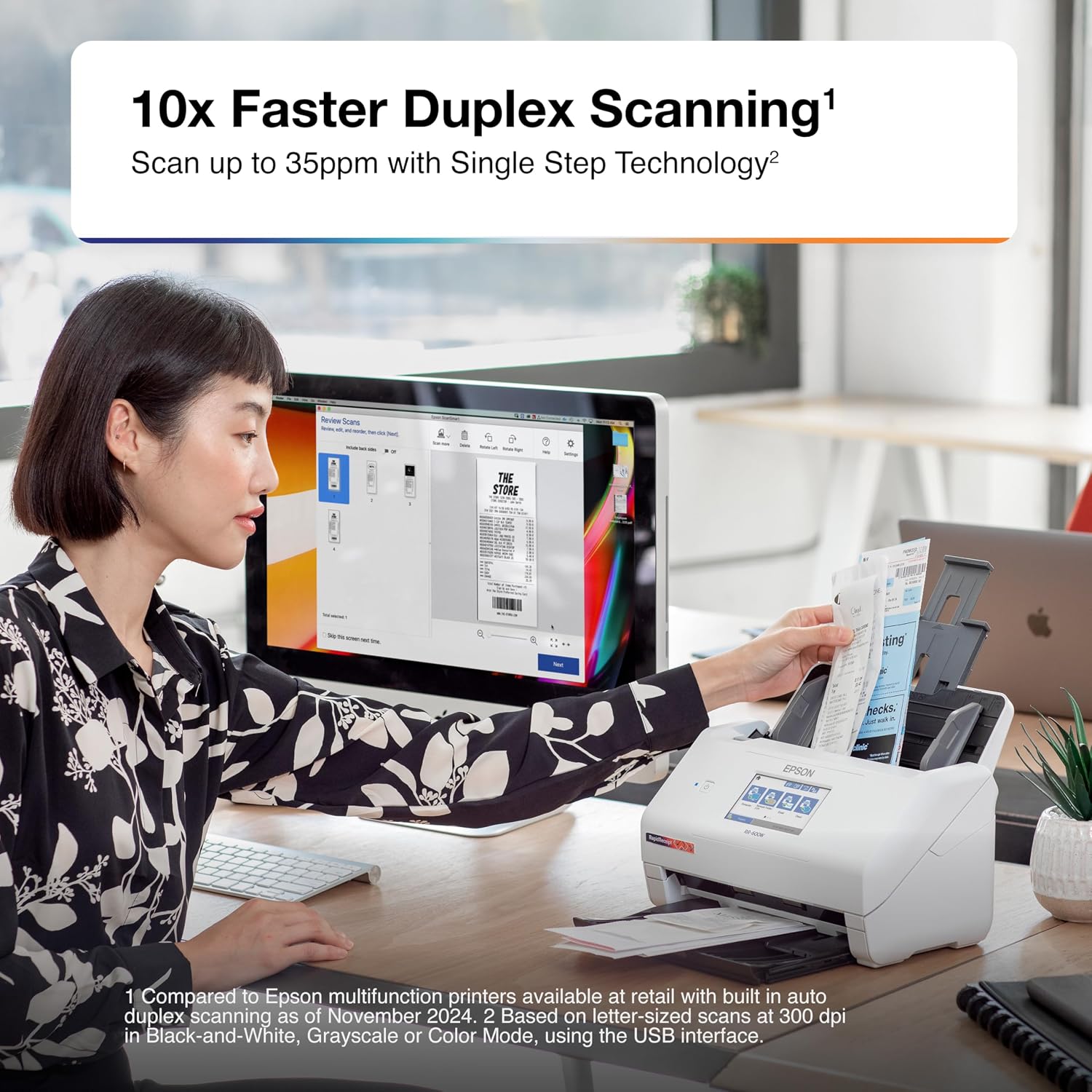Epson RapidReceipt RR-600W Wireless Desktop Color Two-Sided Receipt and Document Scanner with ScanSmart AI PRO Receipt Management and PDF Software for PC and Mac, Touchscreen and 100 Page ADF
