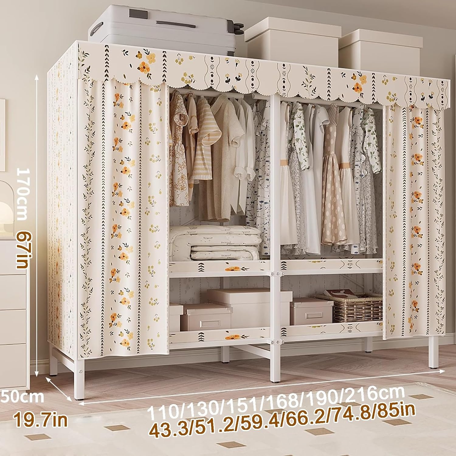 Portable Closet Wardrobe, Folding Garment Rack, Sturdy Large Wardrobe,Storage Organizer with Shelves and Cover(168cm/66.2in)